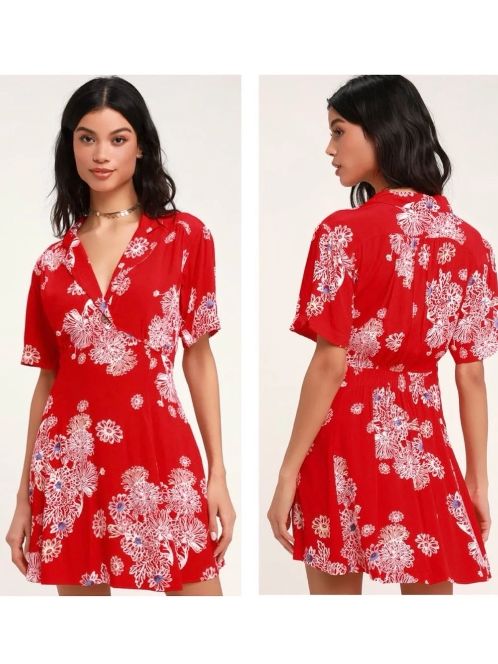 Free People Blue Hawaii Red Floral Surfer Mini Shirt Dress V-Neck Size Small